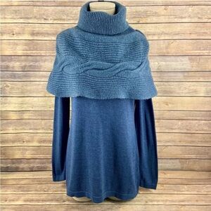 Soft Surroundings Cable Knit Cowl Neck Cape Shaw Turtleneck Blue Chunky Sweater